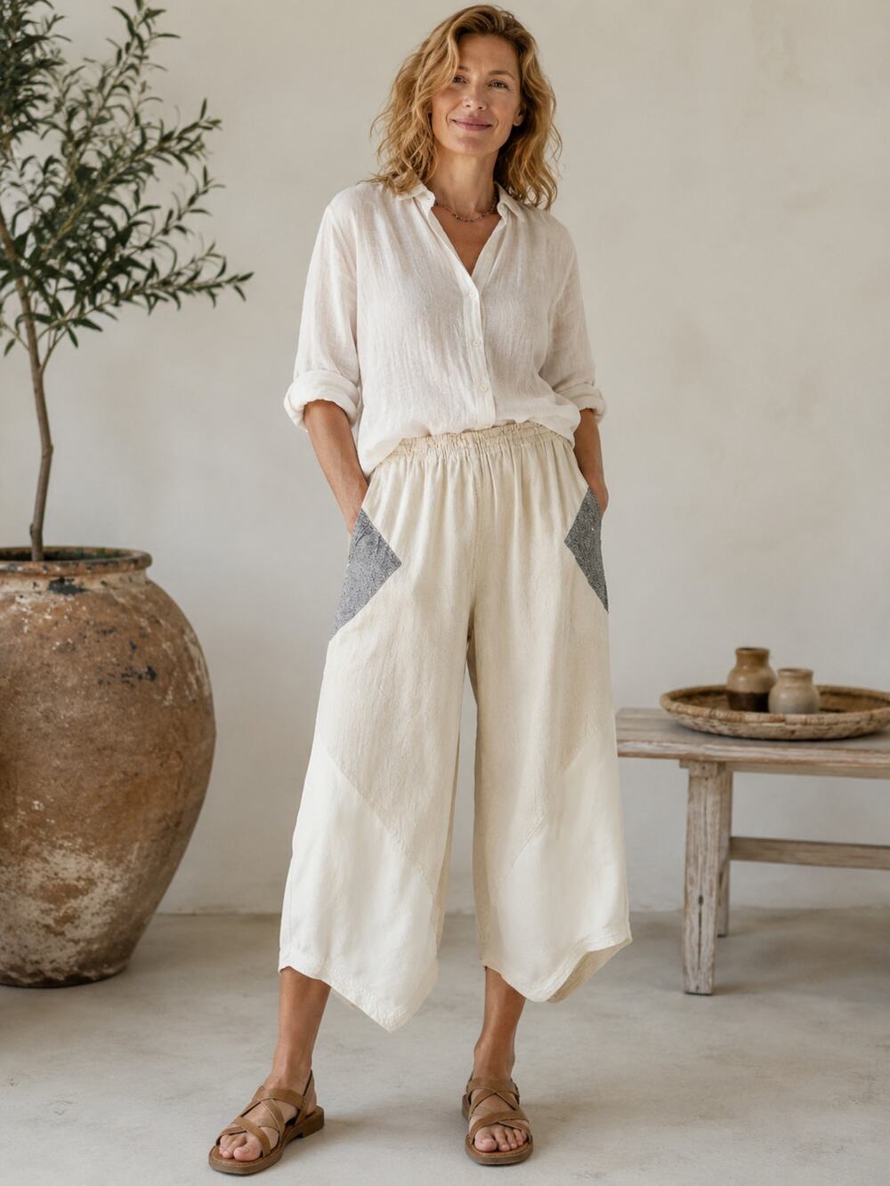 DAIRI Fashion SZ M Lagenlook Cropped Pants-Color Block-Elastic Waist-Pockets